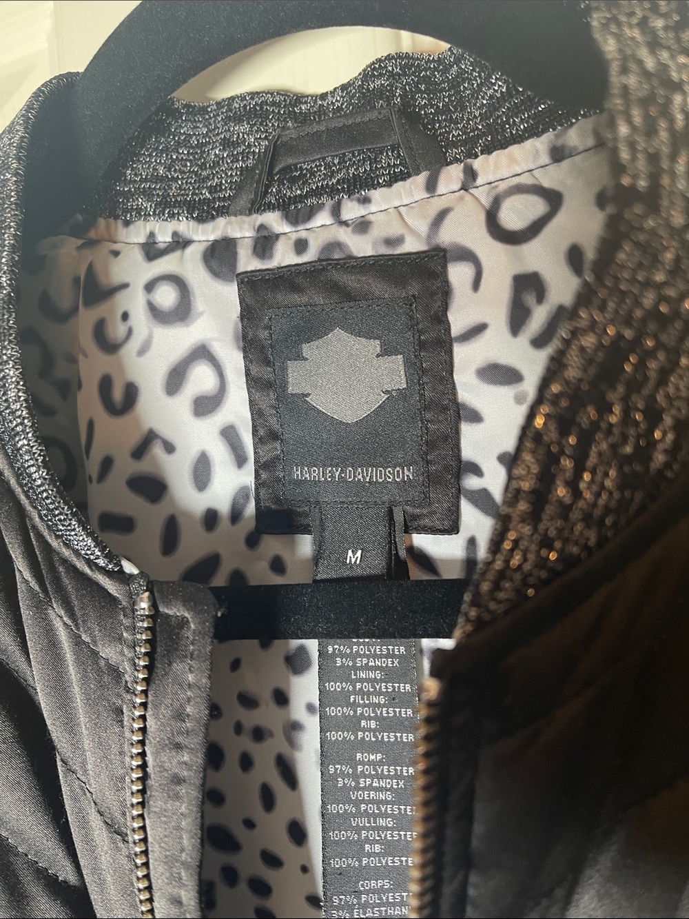 Harley-Davidson Black Quilted Bomber with Gray Ribbed Trim and Leopard Lining - Picture 3 of 5